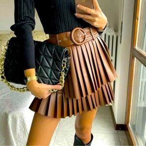 Zara Whiskey Faux Leather Pleated Belted Skirt